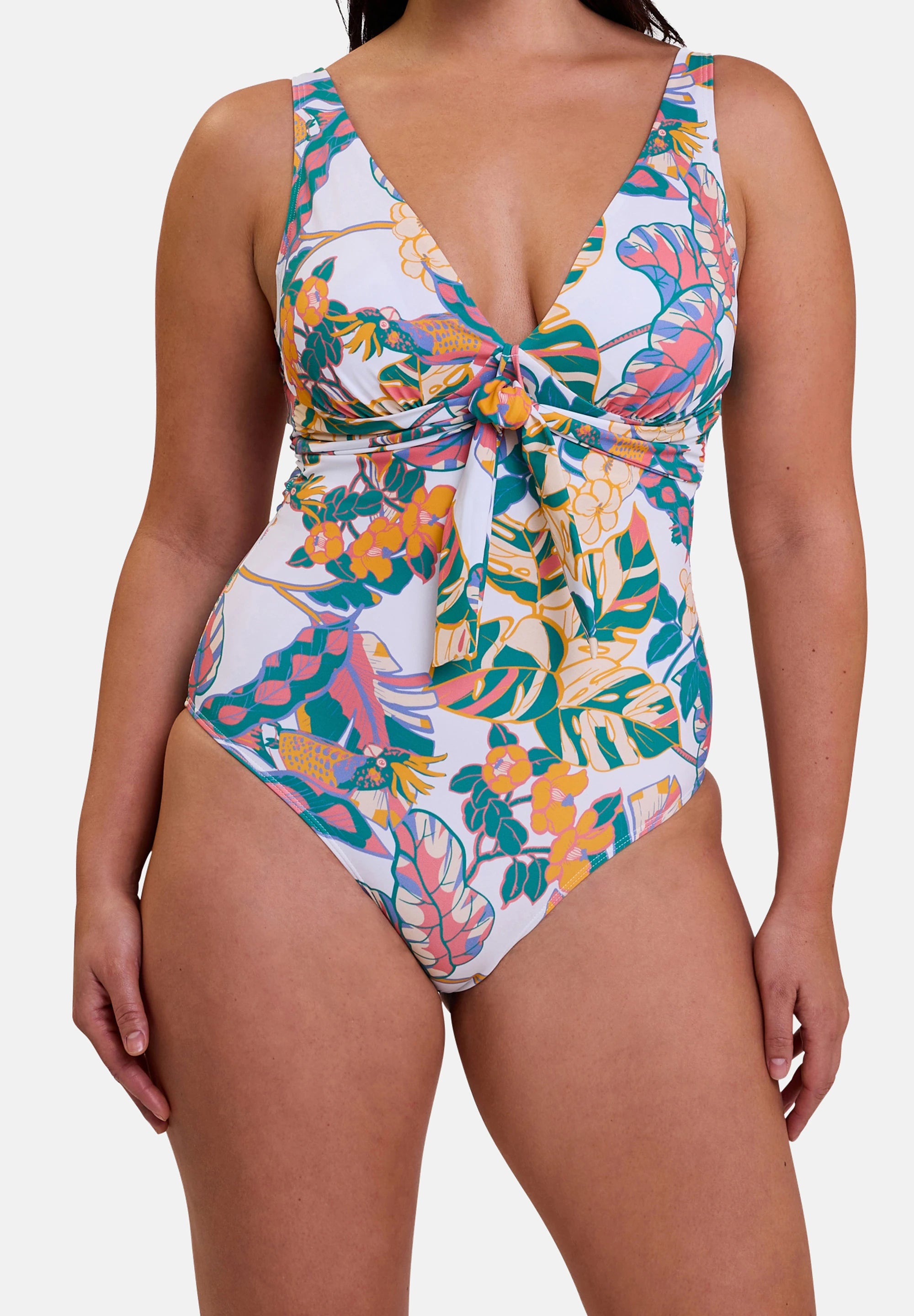 White Fiji one-piece swimsuit and pink beach trousers set – front view
