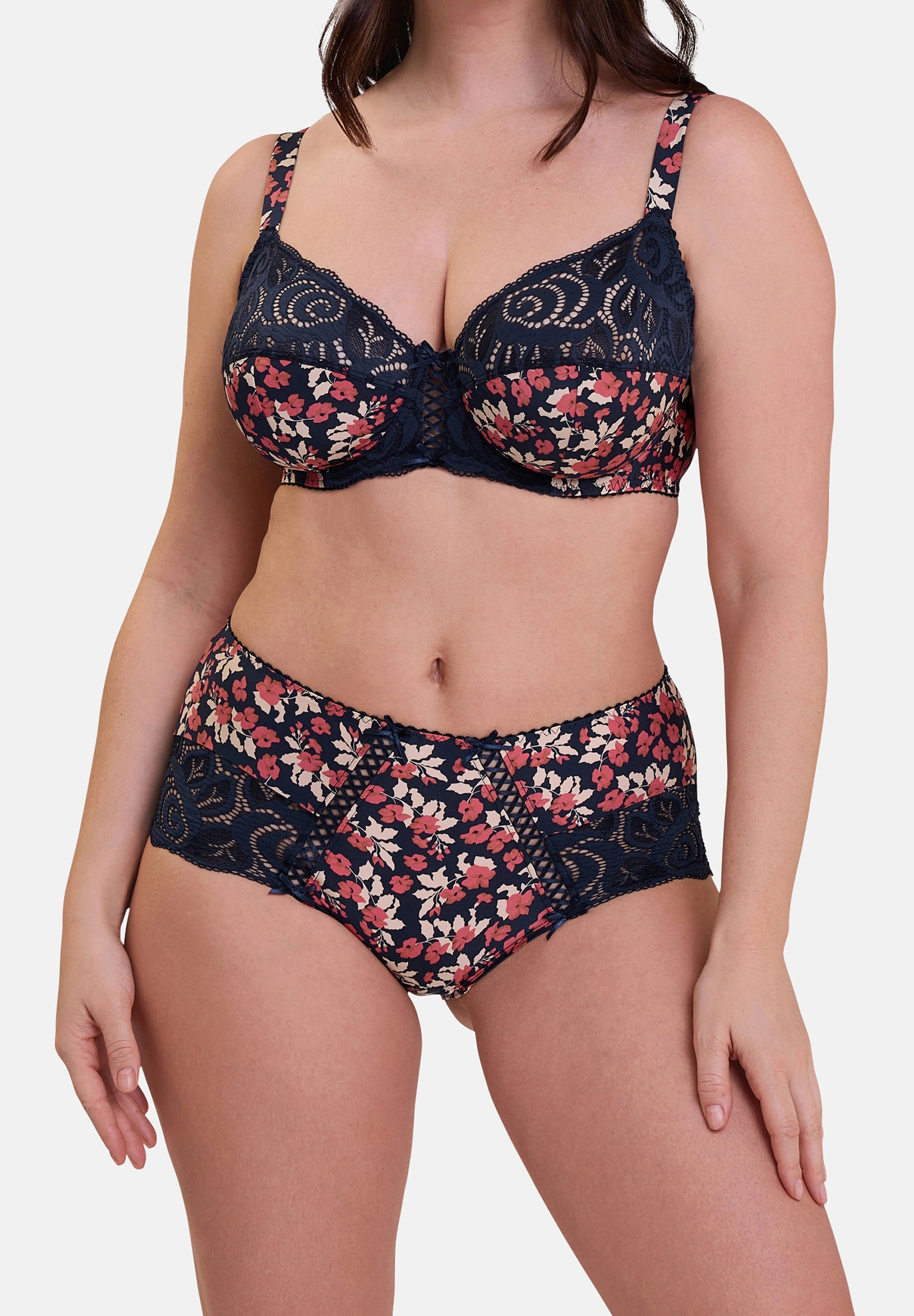 Sujetador de copa completa Amélie Print con estampado floral azul marino y rojo – vista trasera
