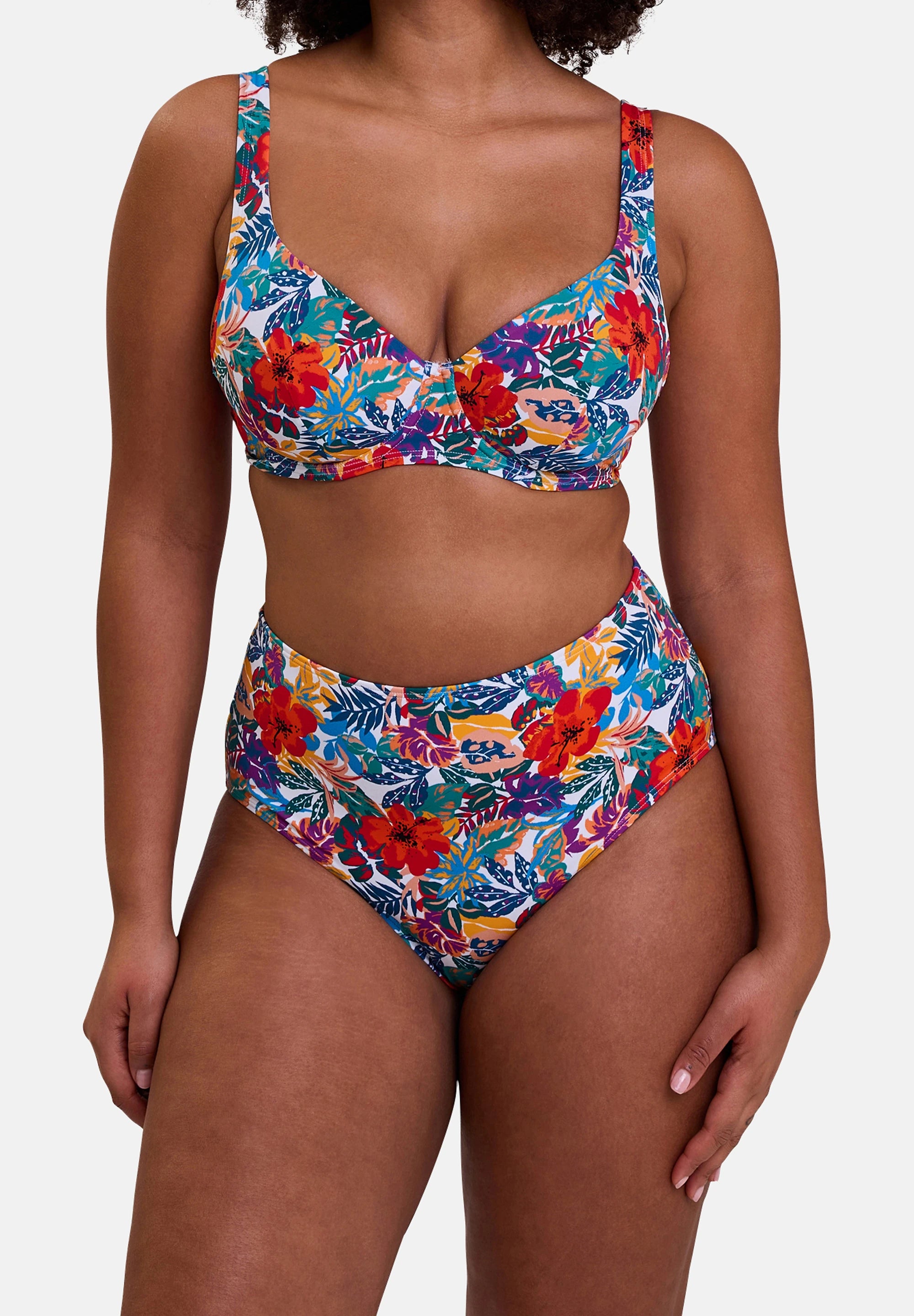 Curaçao plunging swimwear top in multicolored tropical print – back view