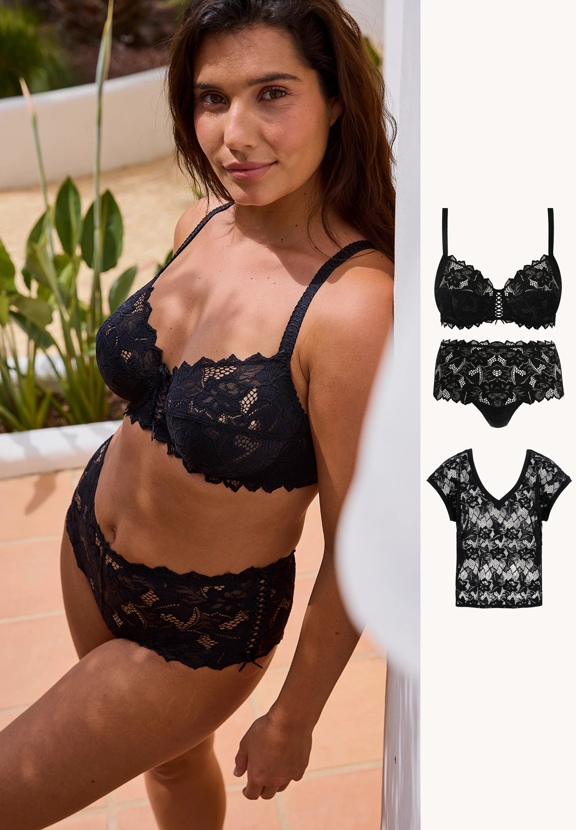 Schwarzes Arum-Set mit Slip und Spitzen-T-Shirt