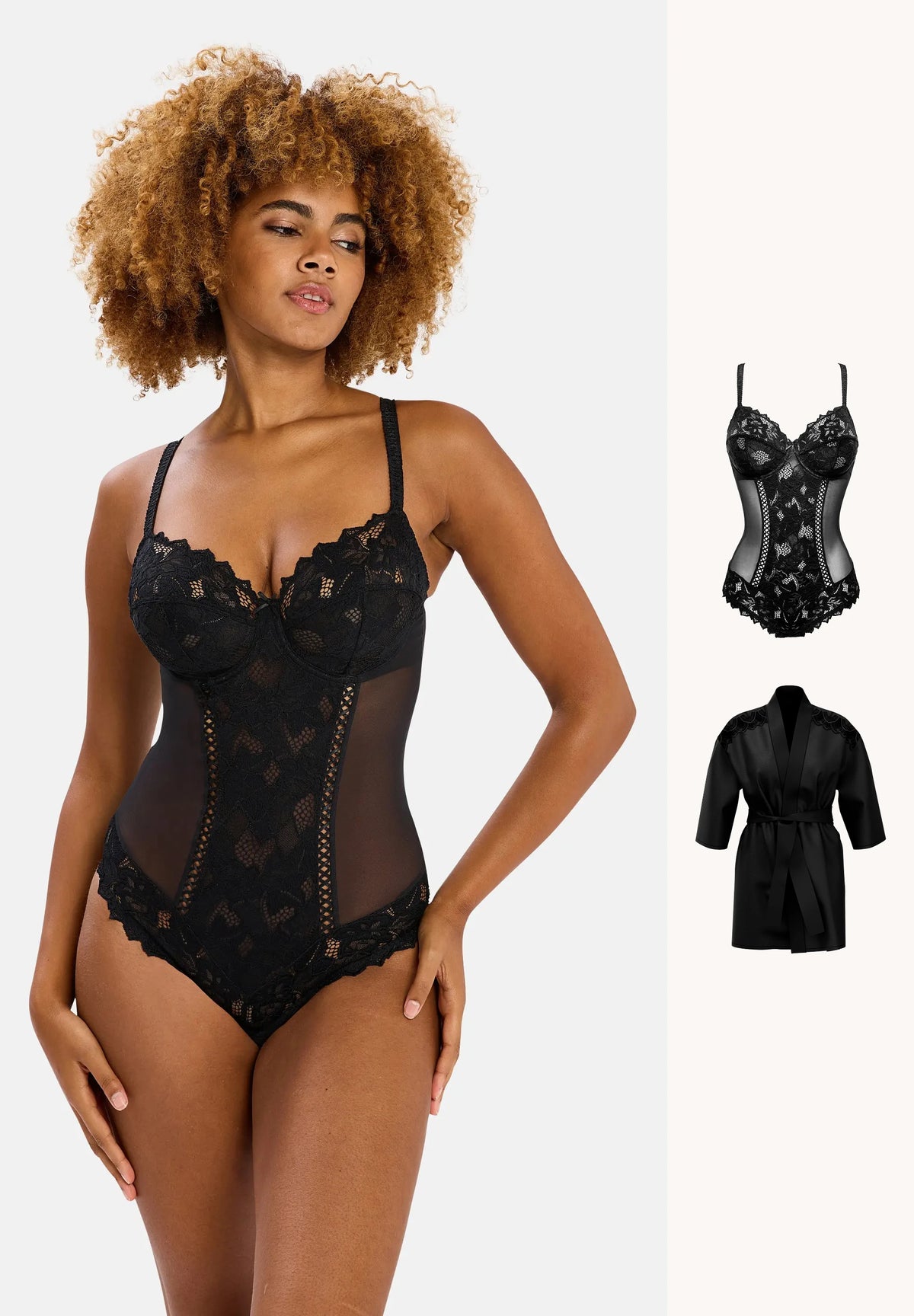 Mannequin portant un ensemble de lingerie - body arum noir et kimono noir - avec armatures et dentelle - vue de face