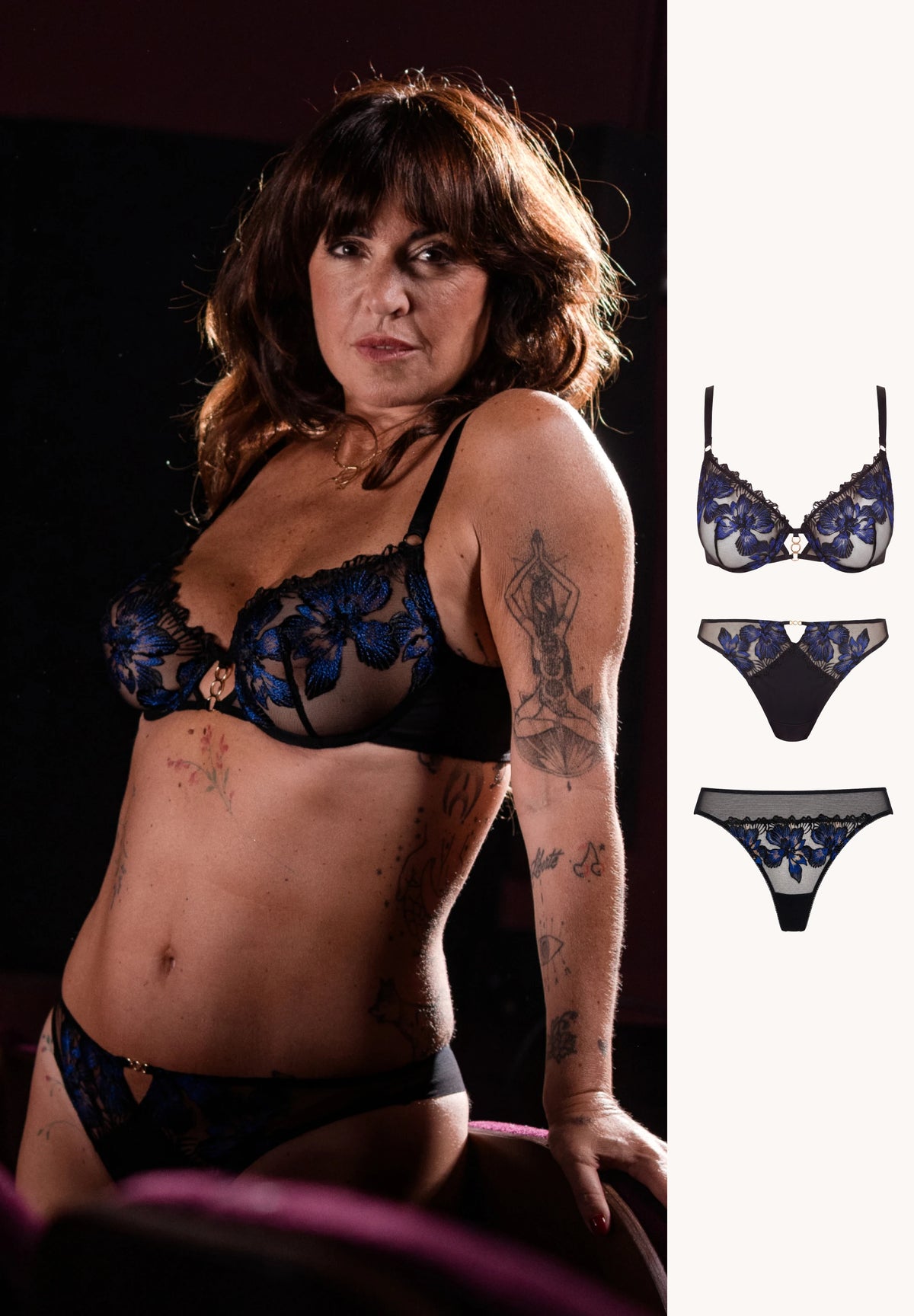 Ensemble Elsa Wolinski Noir et Bleu avec Soutien-Gorge, Slip et Tanga