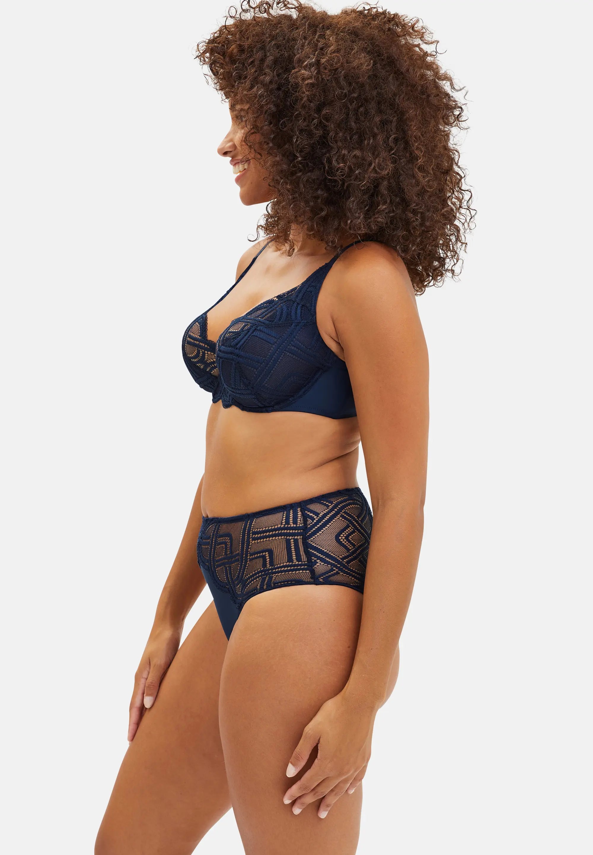 Ensemble sous vêtements : soutien-gorge et culotte taille haute - bleu marine - de profil