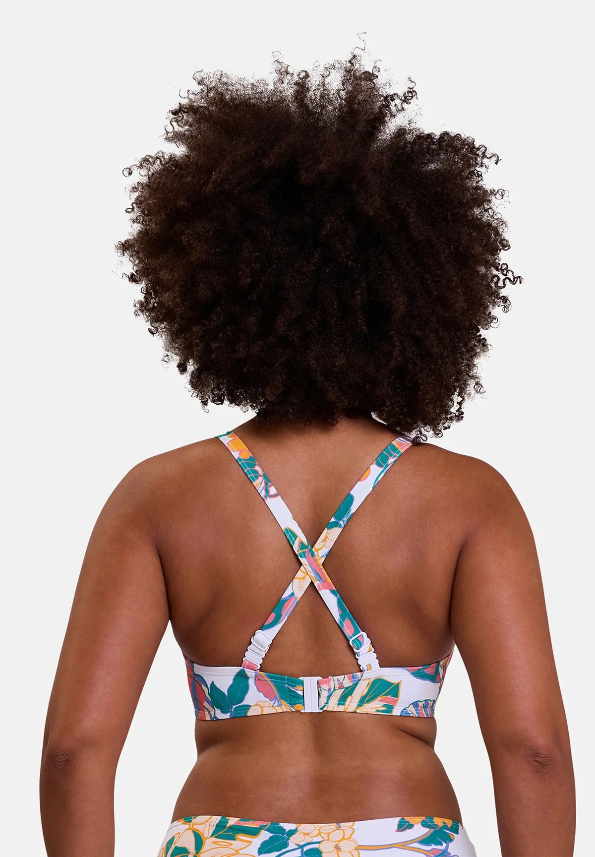 haut de maillot de bain imprimé exotique blanc - vu de dos avec bretelles croisées