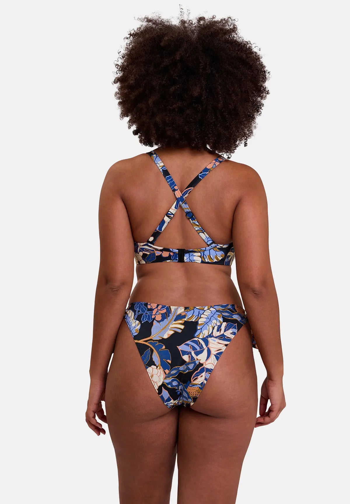 Maillot de bain - imprimé exotique noir - vu de dos avec bretelles croisées