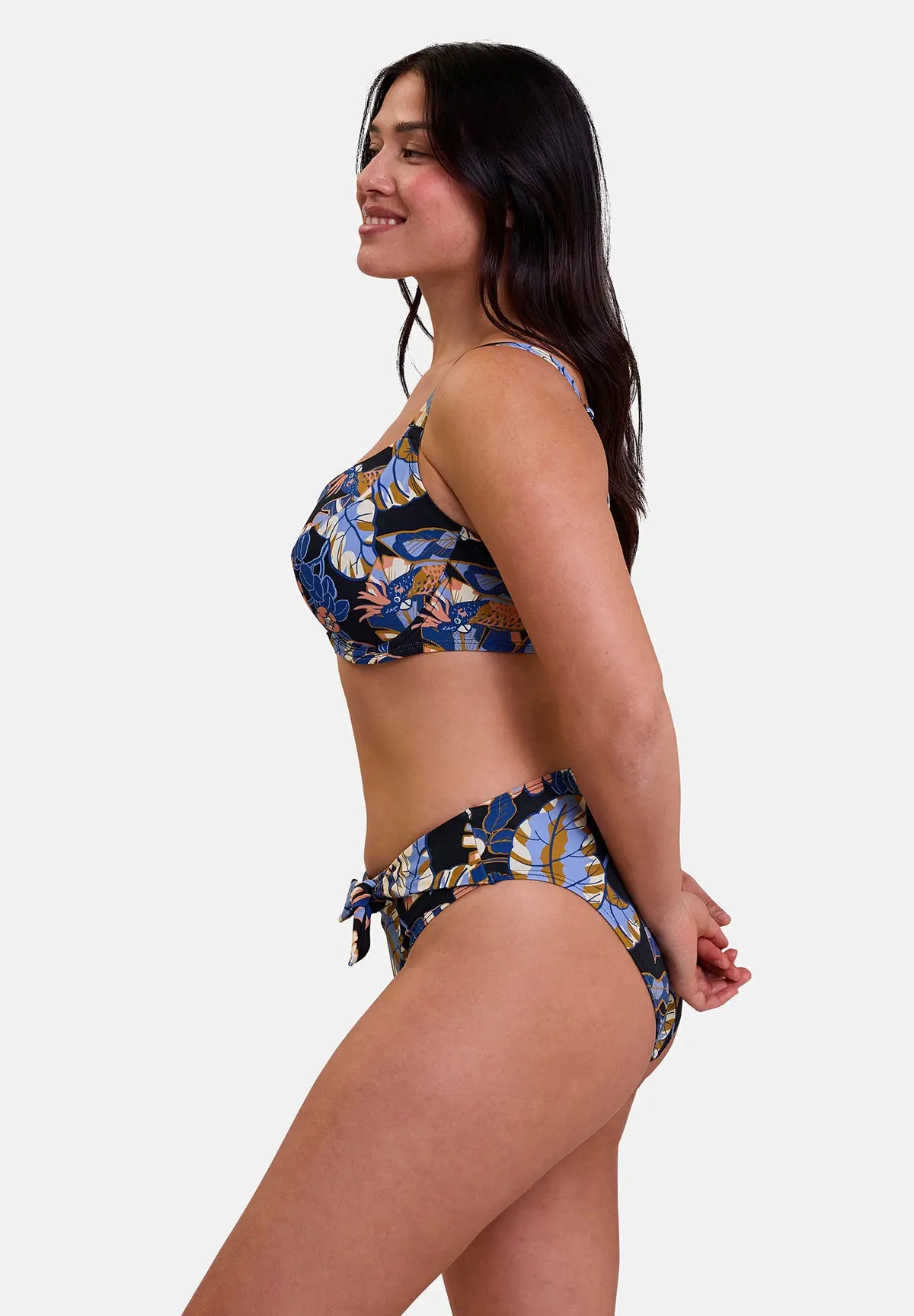 Haut de maillot et slip de bain femme - imprimé exotique noir - vu de côté