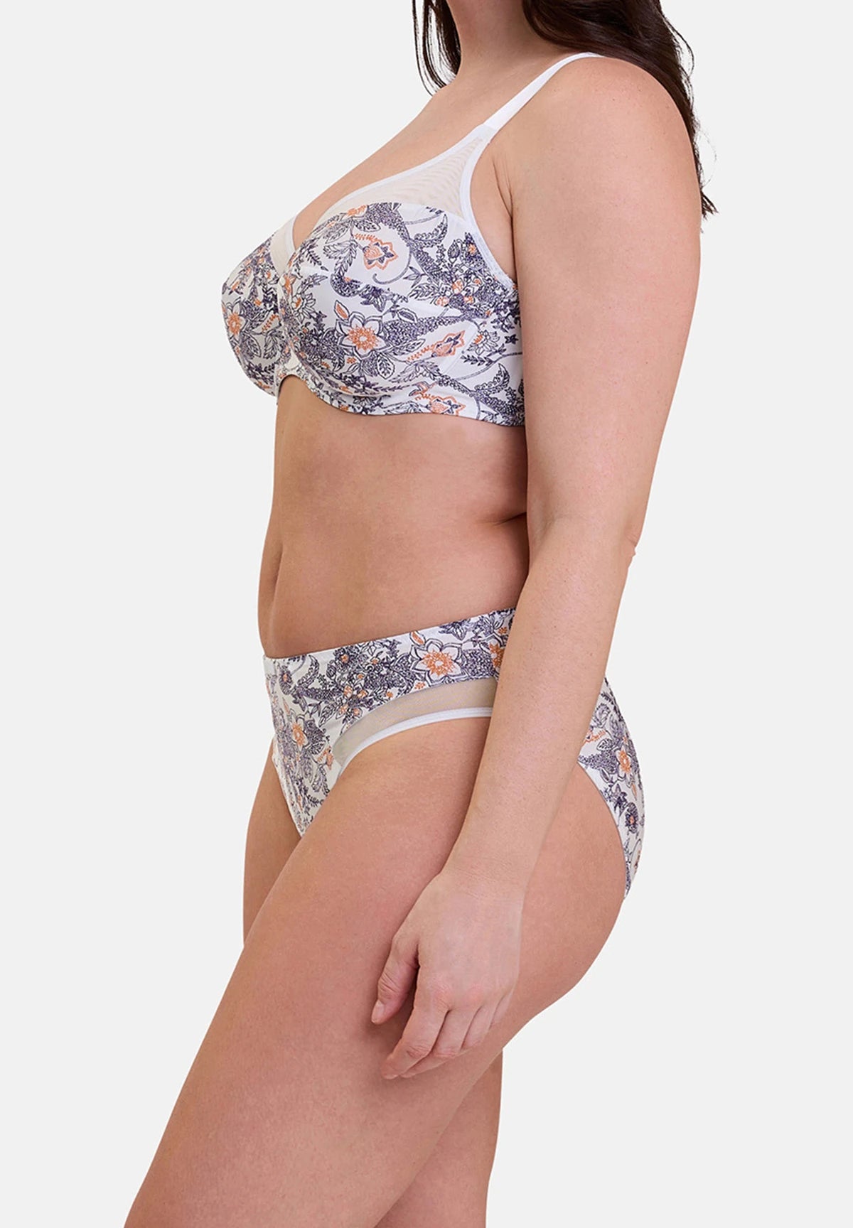 Reggiseno contenitivo Complice con stampa Paisley mora e mandarino – vista di profilo