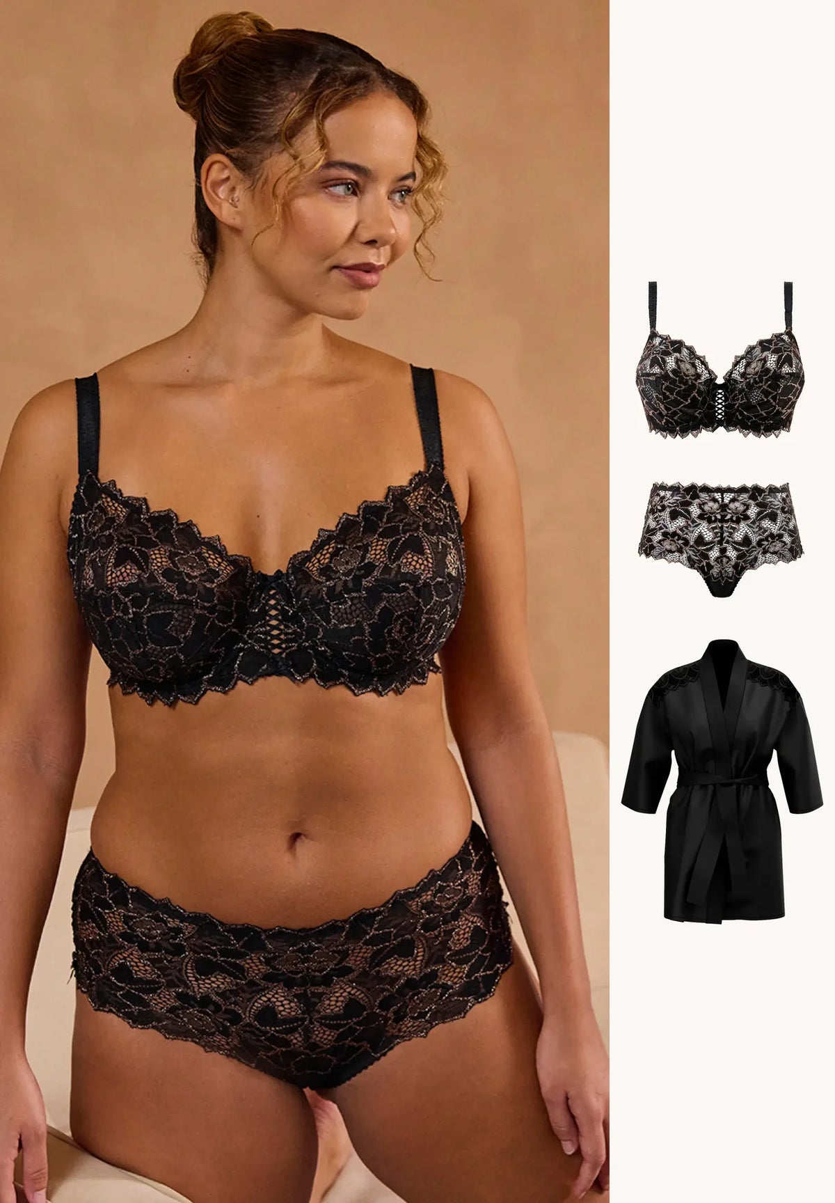 Mannequin portant un ensemble de lingerie Arum Party Noir composé d'un soutien-gorge emboîtant, d'une culotte et d'un kimono noir
