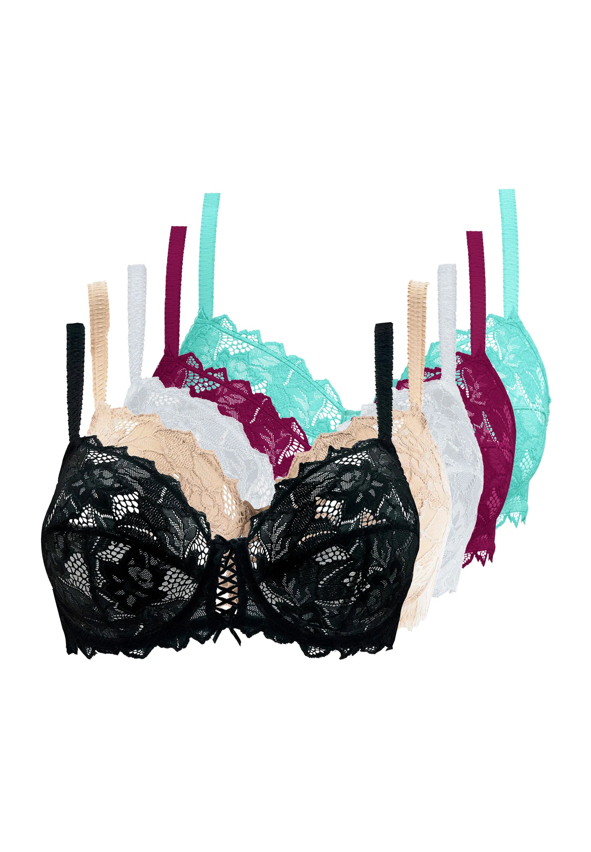 Lot de 5 soutiens-gorge Arum Noir, Blanc, Skin, Magenta Pourpre et Vert Aquifère