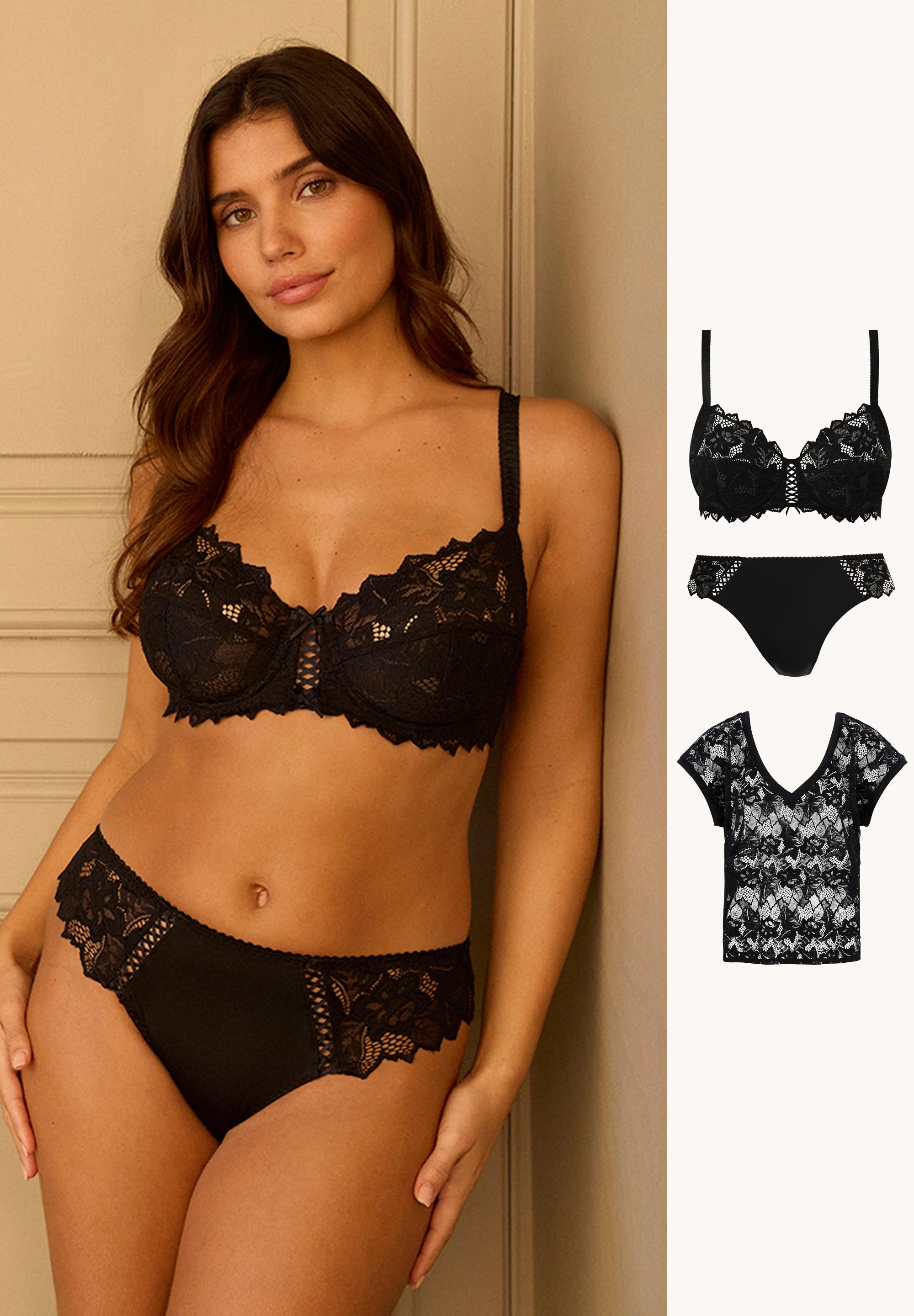 Lingerie set Arum black with brief and lace t-shirt