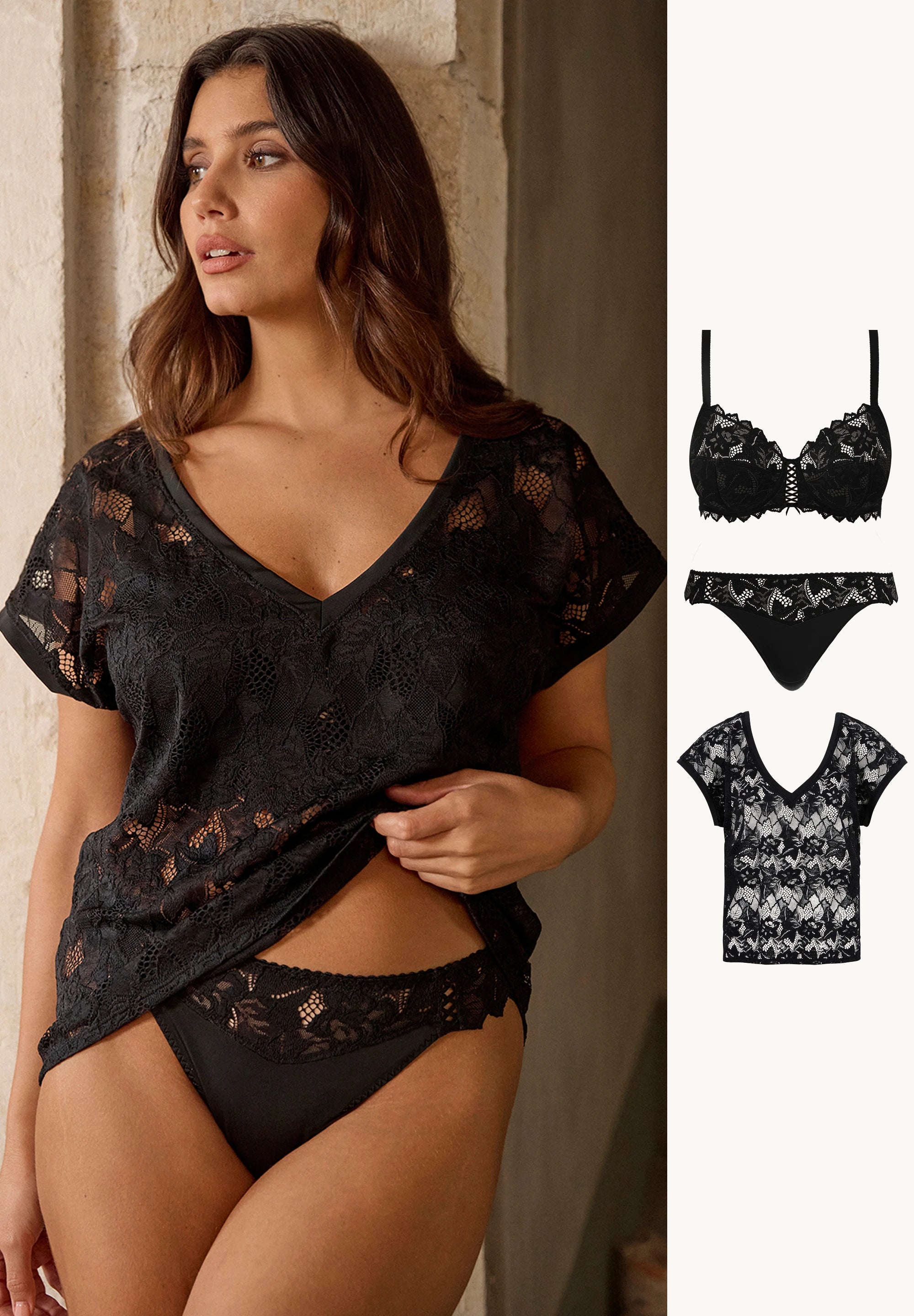 Lingerie Set Arum black with thong and lace t-shirt