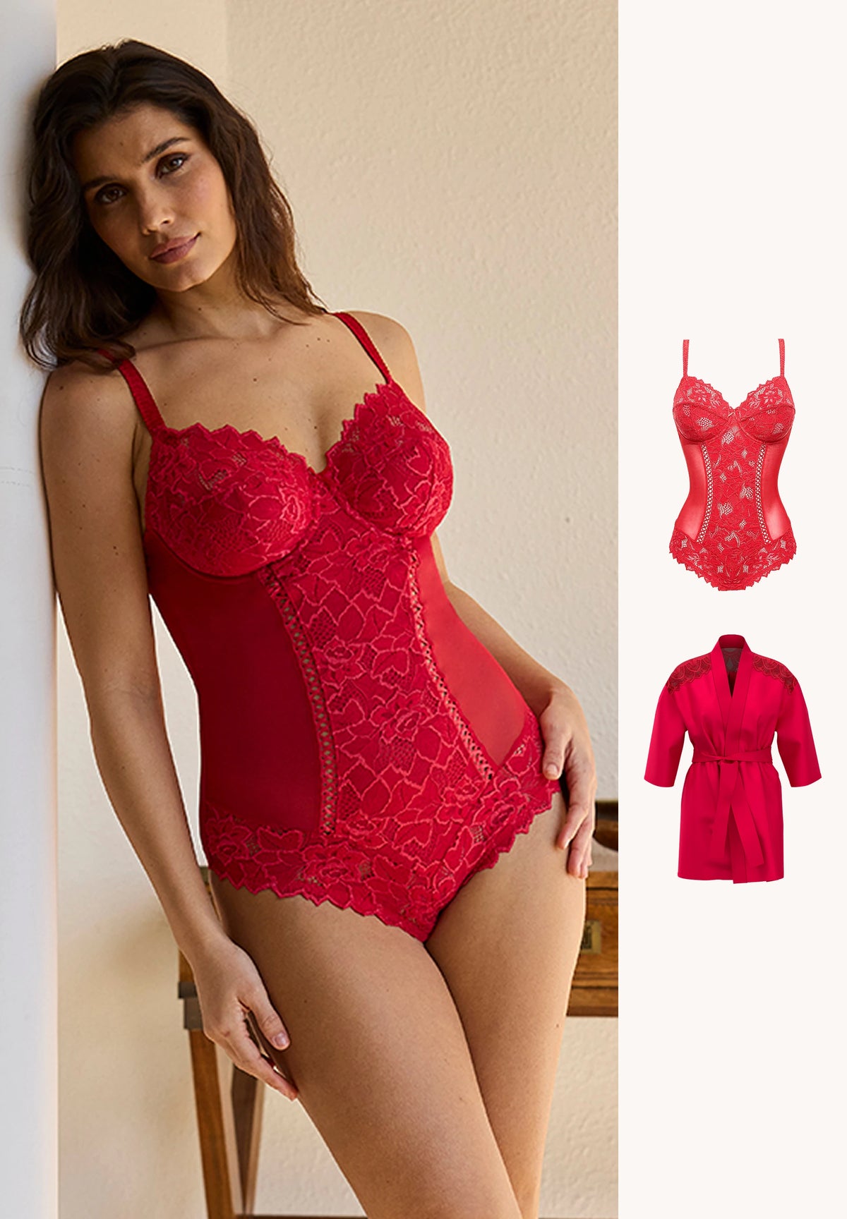 Mannequin portant un ensemble de lingerie - body arum rouge et kimono - vue de face