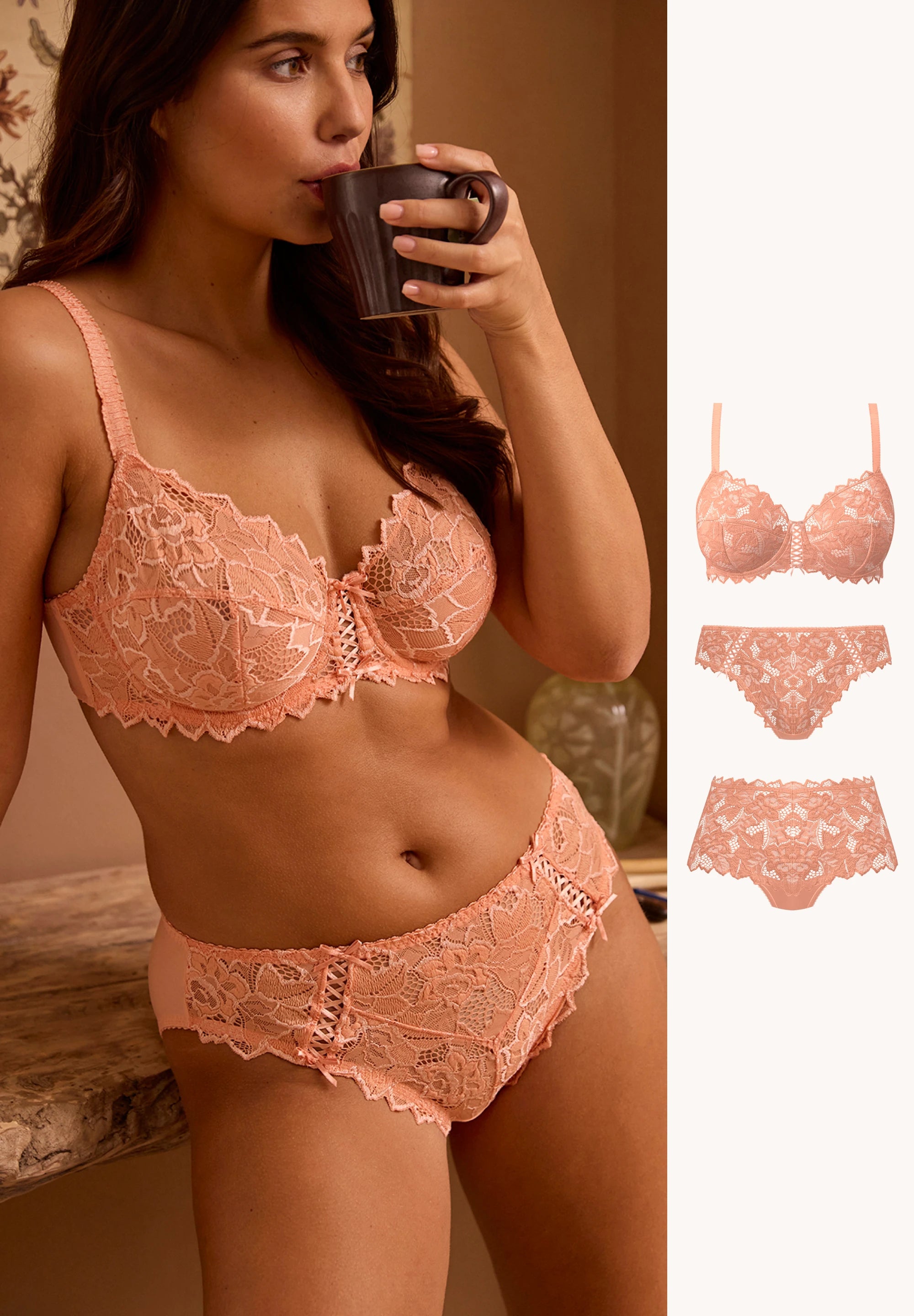 Arum peach pink lingerie set with 2 lace briefs