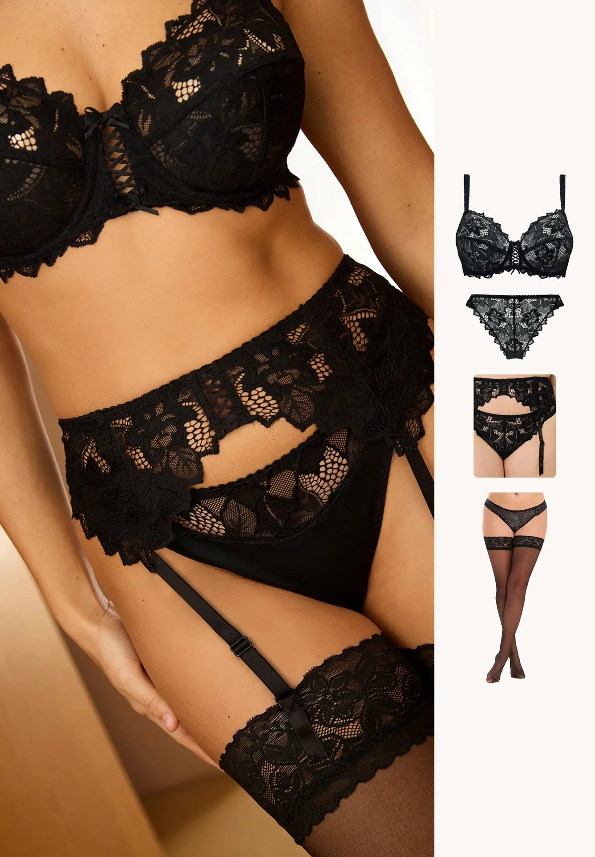 Ensemble lingerie dentelle noir - soutien-gorge assorti au string - porte-jarretelles et bas noir