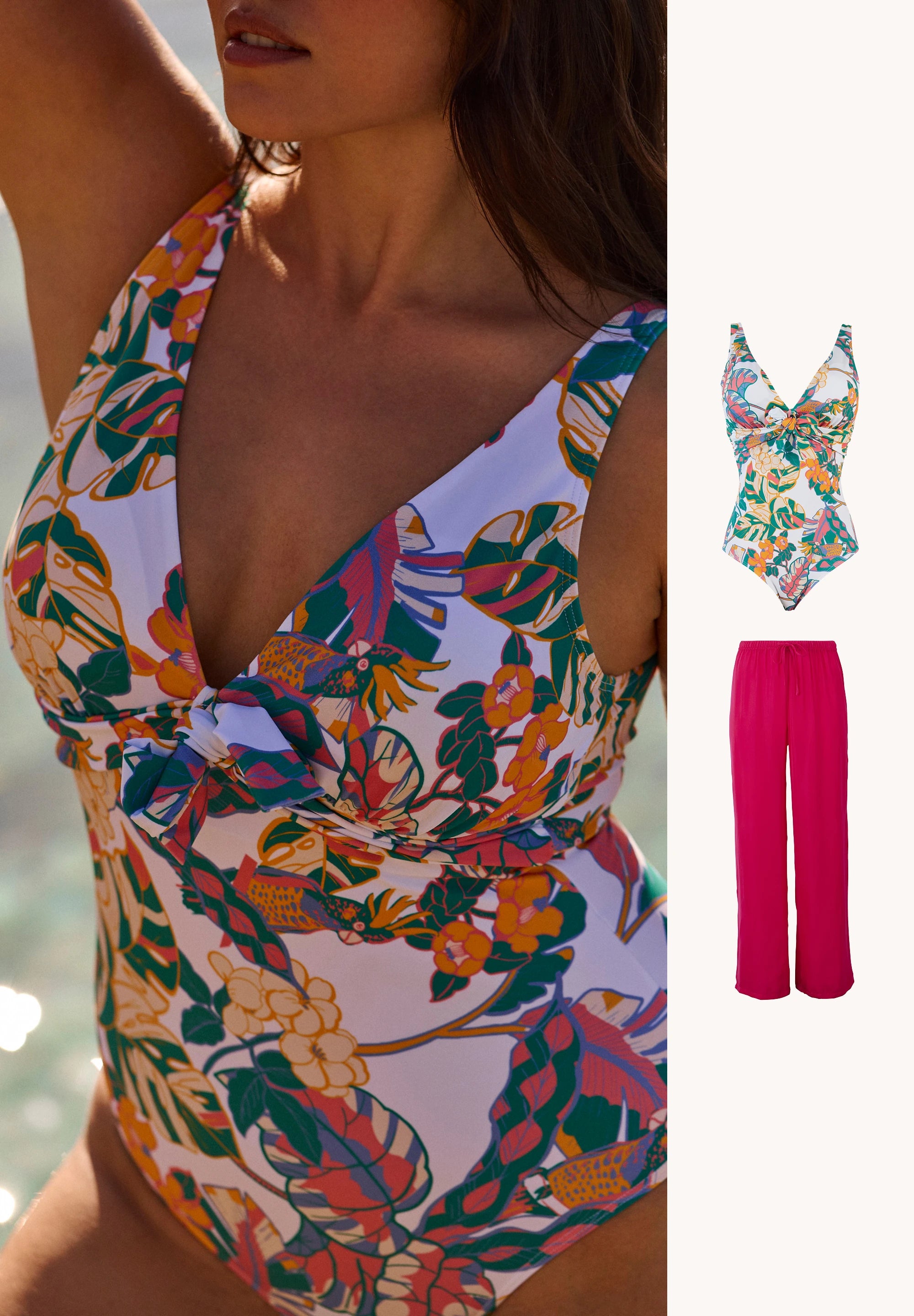 Fidji white 1-piece swimsuit set and pink beach trousers