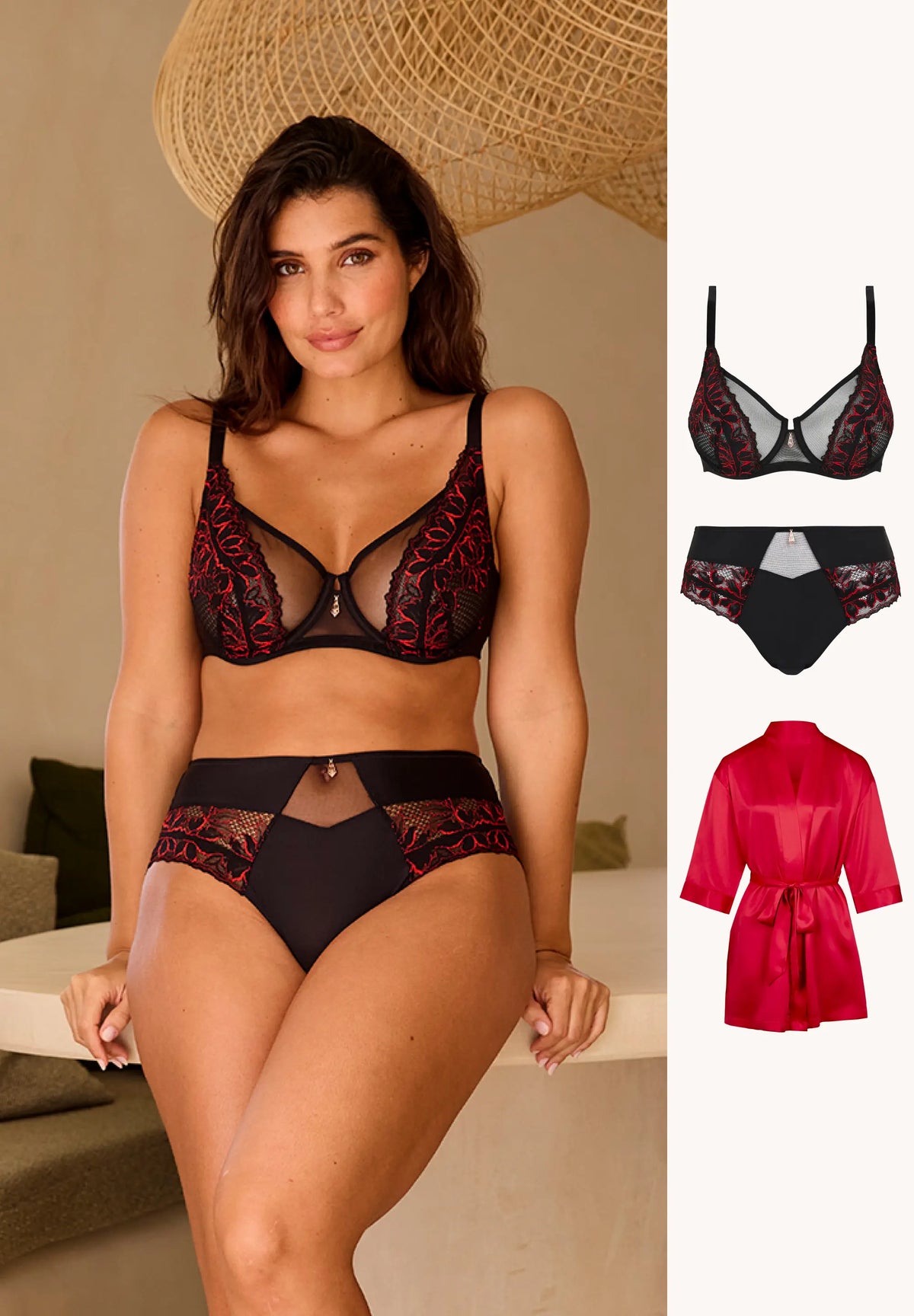 Ensemble Mélodie Noir et Rouge avec Culotte et Kimono