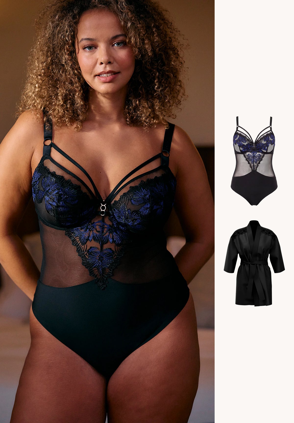 Mannequin portant un body noir et bleu - co création avec Elsa Wolinski - un kimono noir en satin complète l'ensemble