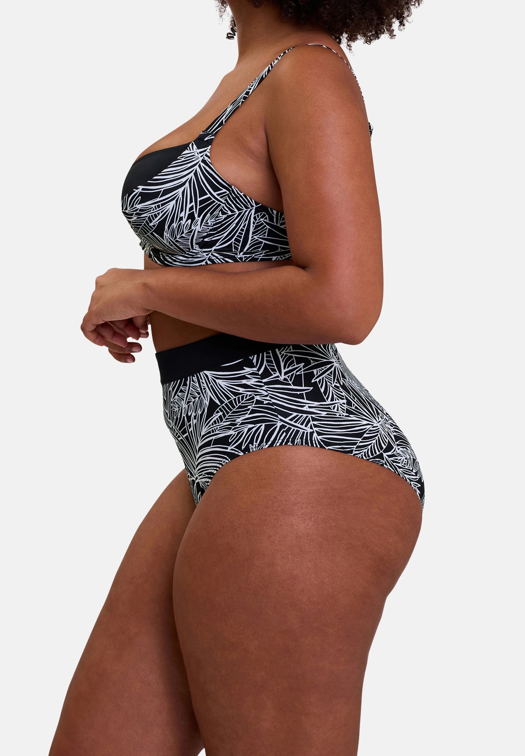 Swimsuit top and high-waisted swim medium briefs - palm print - side view