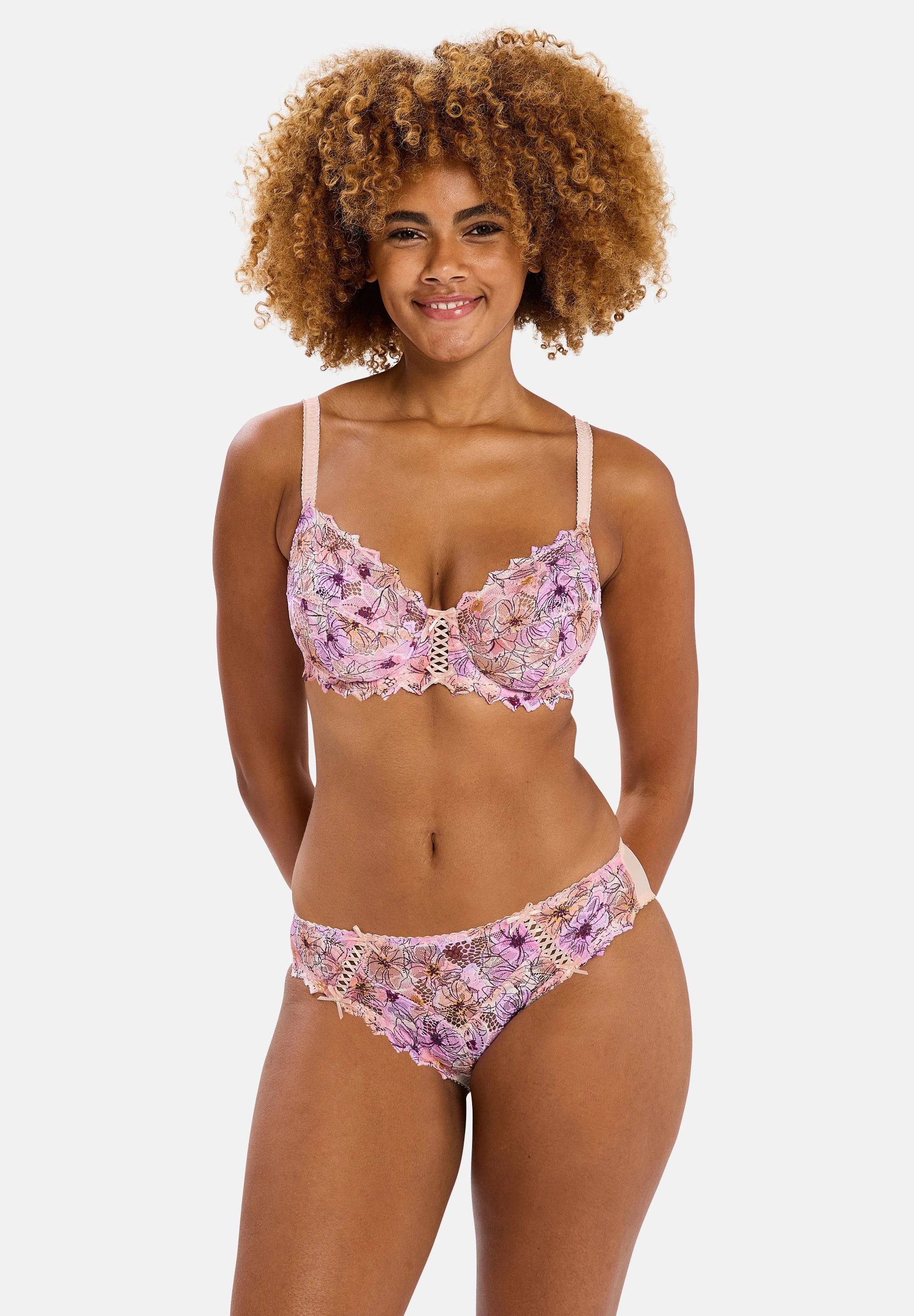 Ensemble de lingerie Arum Mosaic en coloris floral rose avec le slip - vue de face